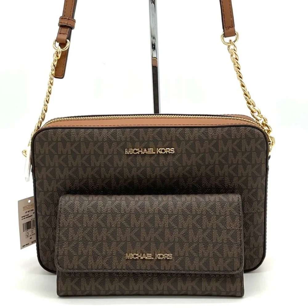 Michael Kors Large EW Crossbody Bag & Large Trifold Wallet Brown/ Gold - Picture 1 of 13